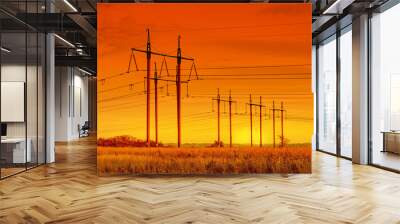 High voltage power line. High voltage pylons in cloudy weather at sunset. Wall mural