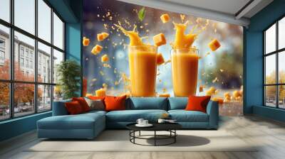 Mango juice in a glass. Splashes of juice. Mango pieces. Explosion of taste Wall mural