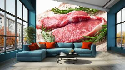 Raw meat . Two slices of fresh raw meat and a branch of rosemary on paper. Preparing meat for a barbecue. Wall mural