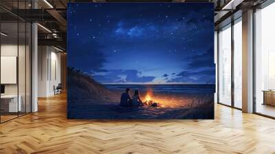 Romantic Night at the Beach: Couple by a Campfire Under Starry Sky - Perfect Poster for Cozy Home Decor or Relaxing Spaces Wall mural