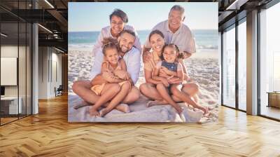 Happy big family, beach and vacation portrait, summer holiday or trip in Mexico. Love, smile and grandparents, mother and father with girls or kids spending time together on sea, ocean or sandy shore Wall mural