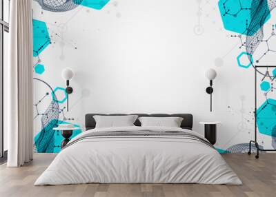 Scientific and technological background. Wireframe wave with hexagons of different types on a gray gradient. Wall mural