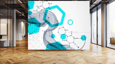 Scientific and technological background. Wireframe wave with hexagons of different types on a gray gradient. Wall mural