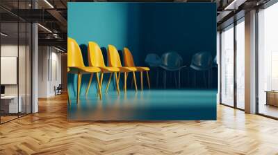 several yellow chairs line up against a blue background photo, in the style of yellow and amber Wall mural