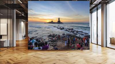 people greet the sunrise in kanyakumari the southernmost point of the indian subcontinent, tamil nad Wall mural