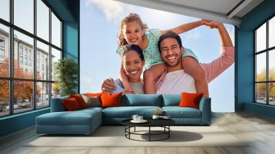 Happy family, environment and support in portrait for holiday or travel, relax in Mexico with girl. Mom, dad and kid in nature for vacation with sky adventure, love in outdoor with solidarity Wall mural