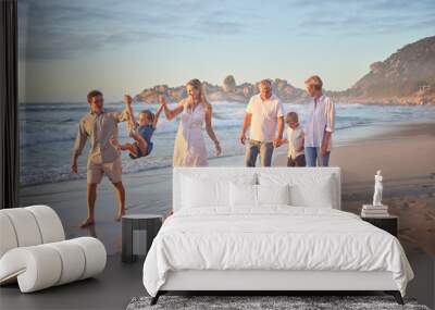 Holding hands, ocean and big family with vacation, happiness and travel for adventure, fun and play. Generations, beach and grandparents with mother, father and kids with childhood, smile and journey Wall mural