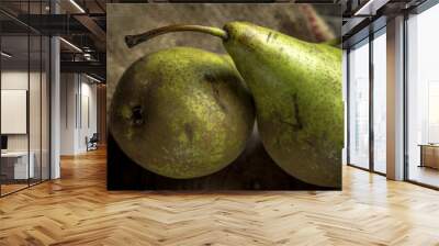 Green pears, fresh fruits on wooden background Wall mural