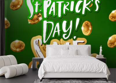 Hand drawn calligraphy Happy St. Patrick s Day Sale banner, card, poster. The inscription with a green cap of leprechaun on background of falling gold coins. Ireland flag colors, orange, green, white Wall mural