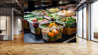 Takeaway prepared food in glass bowls. Wall mural