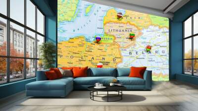 Close-up view of Baltic States on a geographical globe, Map shows capitals countries Latvia -Riga, Lithuania - Vilnus, Estonia -Tallin Poland -Krakow and Kaliningrad region of Russia and their flags Wall mural