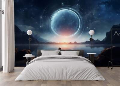 silhouette of a man on another planet. a portal to another reality. Wall mural