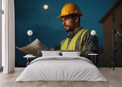 Skilled latin man engineer reviewing blueprints at night under moonlight on construction site Wall mural