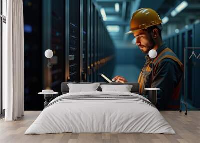 Skilled man engineer working diligently in data center during evening hours while utilizing handheld devices Wall mural