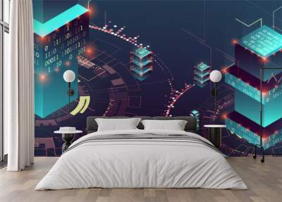 Smart city. Isometric big data concept, database.  Abstract technology background. Wall mural