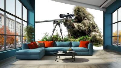 Sniper with rifle isolate on white background Wall mural