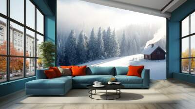 Snow gently blankets a charming cabin, with smoke rising from the chimney, surrounded by majestic pine trees on a frosty winter morning Wall mural