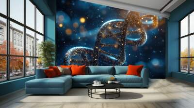 Stunning Close-Up of DNA Spiral with Golden-Brown Spheres and Cosmic Blue Ambiance - Perfect as a Scientific Poster for Modern Home or Sport Interior Design Wall mural