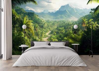 Sunlight peeks through the dense canopy, illuminating a tranquil pathway winding through the tropical rainforest, leading to distant majestic mountains Wall mural