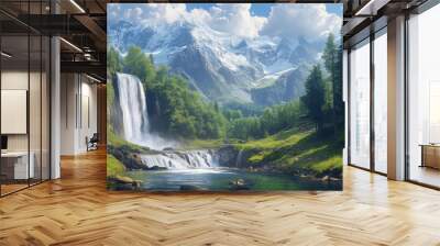 Swiss Waterfall Scenery: Stunning Natural Landscape, Perfect Harmony of Snowy Mountains and Flowing Water Wall mural