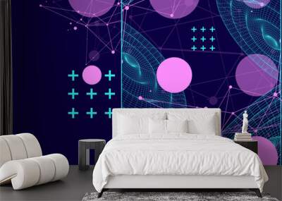 Template for science and technology presentation. Wireframe waves. Plexus style background. Wall mural