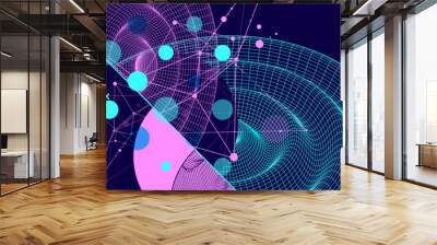 Template for science and technology presentation. Wireframe waves. Plexus style background. Wall mural