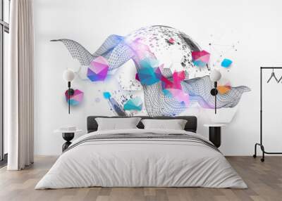 The abstract wave is made in a frame style with sphere. Template for science or technology presentation. Hand drawn vector art. Wall mural