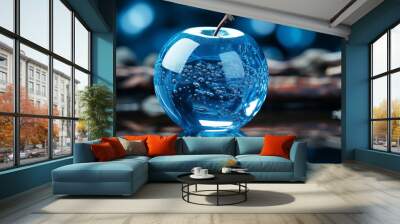 The apple beneath crystal clear blue water, commercial photography, emphasizing rich colors and underwater details. Wall mural