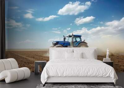 The blue tractor in field Wall mural