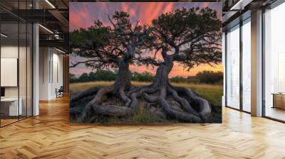 The exposed roots of two ancient trees intertwine against a stunning sunset sky, highlighting the beauty of nature's resilience Wall mural