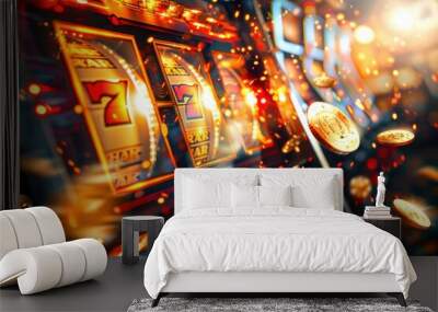 The slot machine spins vigorously, releasing a cascade of shimmering coins amidst vibrant lights and sounds, creating an electrifying atmosphere Wall mural