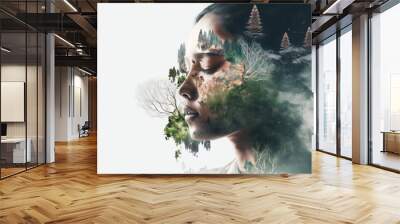 Beautiful face with eyes closed of Asian woman on white panoramic copy space background, image combined with nature, green trees forest. Generative AI	 Wall mural