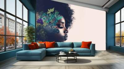 Beautiful side face view with eyes closed of African woman on white background, image combined with nature, green and violet trees landscape. Generative AI	
 Wall mural