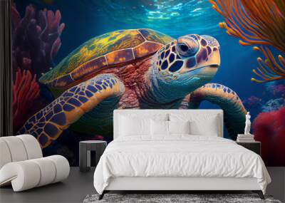 Close up underwater wild turtle floating over blue beautiful natural ocean background, with sunlight through water surface. Generative AI painting Wall mural