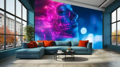 Close up view side profile shot of beautiful woman face with anatomical x-ray skeleton details. Bright led neon lights, pink and blue color background with copy space Wall mural