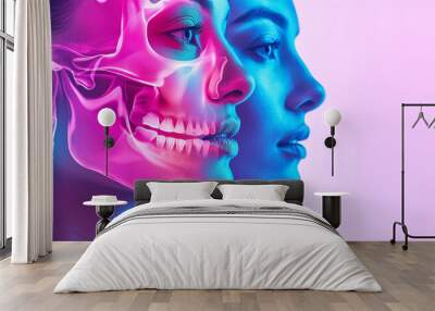 Close up view side profile shot of two beautiful woman face with anatomical x-ray skeleton details. Bright neon led lights, pink and blue color background with copy space Wall mural