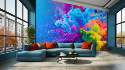 Generative AI painting. Explosion of bright colors, pink, green, purple colors on blue background. Clouds of multi colored smoke. Holi holiday, most popular Hindu festival celebration concept Wall mural