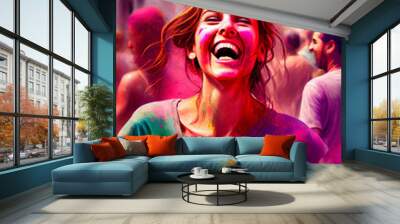 Laughing happy woman celebrating Holi holiday, folk festival of colors in Nepal and India. Symbolizes arrival of spring, the expulsion of evil and the rebirth of life. Generative AI abstract painting Wall mural