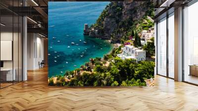 Picturesque panoramic image of Amalfi coast, hillside houses turquoise bay of Mediterranean Sea. Positano, Italy Wall mural