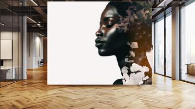 Profile face view of beautiful African woman painting combined with nature background on white panoramic copy space. Generative AI Wall mural