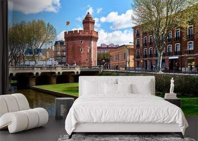 View to the Canal and Castle of Perpignan in springtime. France Wall mural