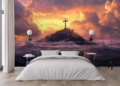 Tranquil Island Majesty: A Stunning Poster of a Rugged Landscape Featuring an Iron Cross at Sunset, Perfect for Enhancing Any Sporty Interior with its Serene Beauty Wall mural