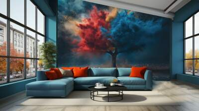 Tree exploding with vibrant colors, isolated on transparent background, creative nature concept.

 Wall mural