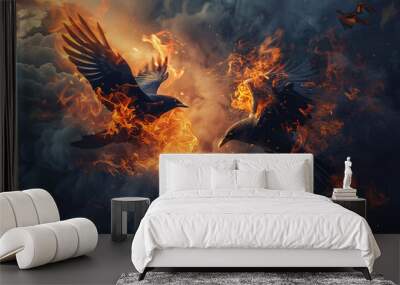 two birds in fire with smoke Wall mural