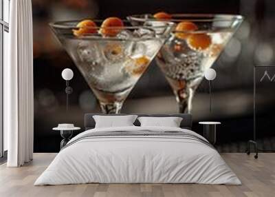 Two elegant martinis with cherries and ice on a bar counter, perfect ambiance for a sophisticated night out. Wall mural