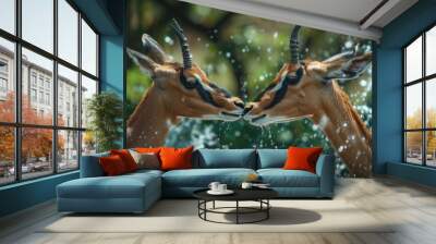 Two graceful gazelles playfully touching horns in a splash of water under a vibrant landscape filled with lush greens and sparkling light. Wall mural