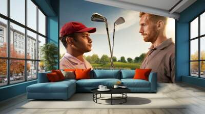 Two male golf players on professional golf course. Smiling golfers with golf clubs Wall mural