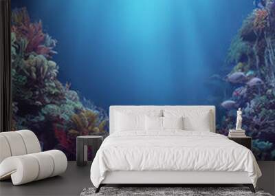 Undersea world. Light illuminating coral reefs. Illustration. Wall mural