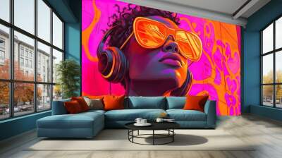 Vibrant Cityscape Poster: A Stylish Character with Bold Orange Sunglasses and Headphones Against a Neon Pink and Orange Love Wall – Perfect for Sports and Urban Interior Décor! Wall mural