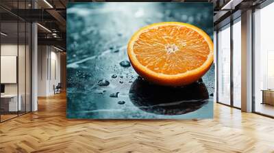 Vibrant Orange Half on Dark Marble: Perfect Poster for Sporty Interiors, Highlighting Juicy Texture and Freshness in Soft Diffused Light with Water Droplets Accents Wall mural